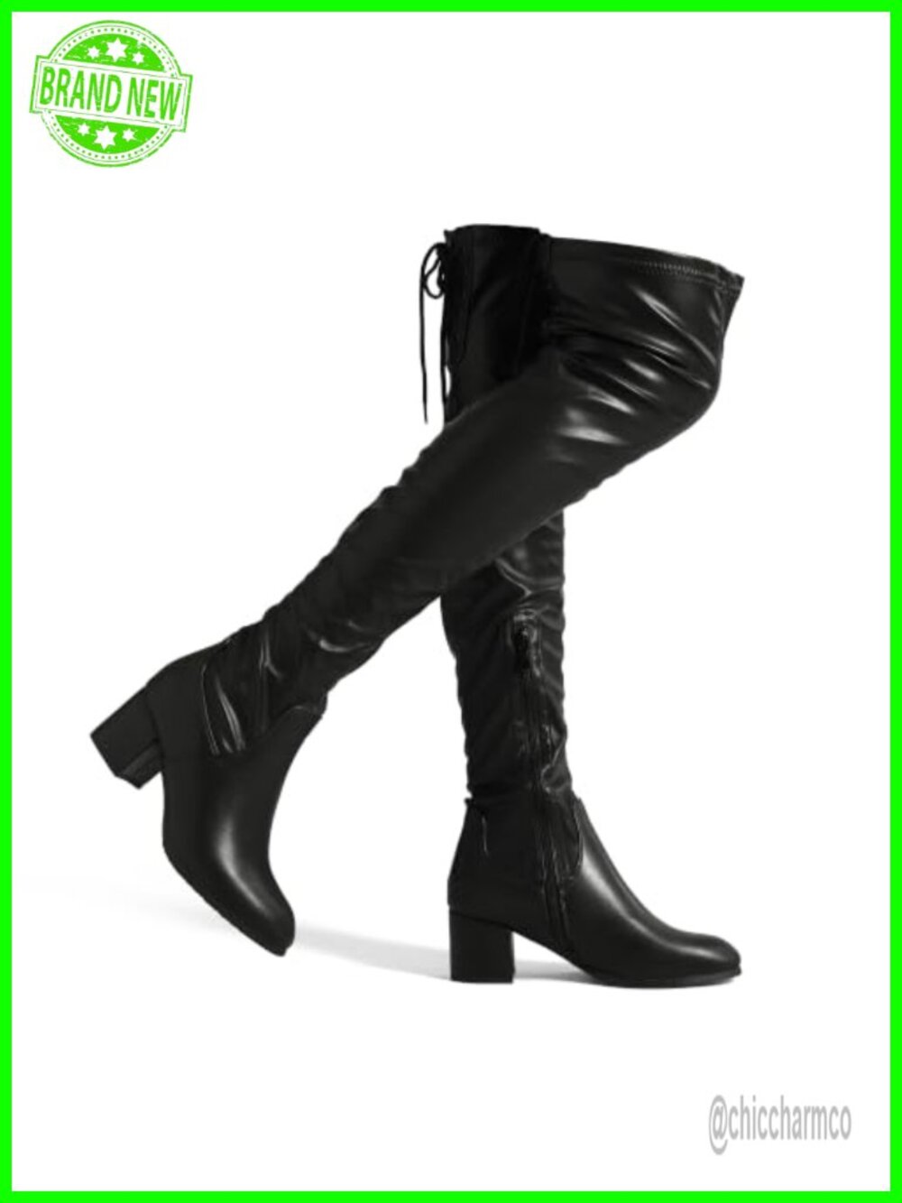 Over The Knee Thigh High Boots Faux Leather Mid Block Heel Round Toe